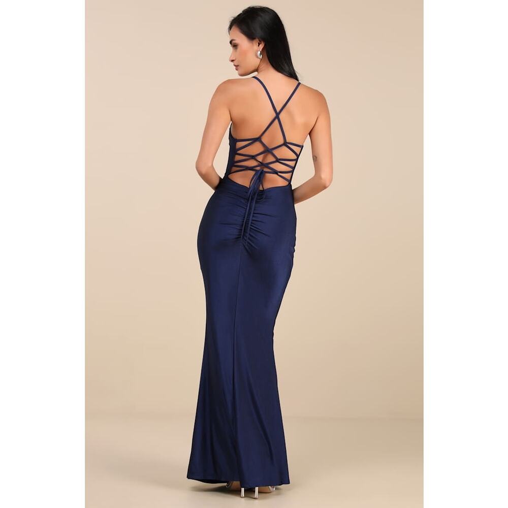 NWT Lulus Cute Definition Navy Slinky Knit Cowl Neck Maxi Dress Holiday Gala M
